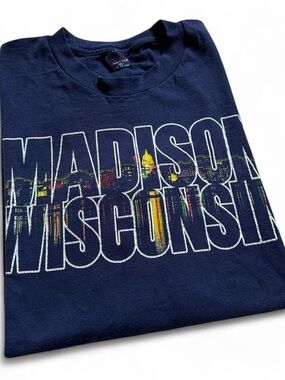 Vintage 1990s Jansport Navy Blue 'Madison Wisconsin' Short Sleeve Tee XL
